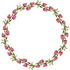Fototapeta premium Watercolor wreath of small bouquets with pink buds and bright green leaves on a transparent background