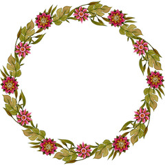 Traditional wreath of wildflowers and olive green watercolor leaves on a transparent background