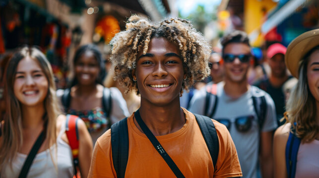 Group of young adults bonding and laughing while exploring a city center during their holiday