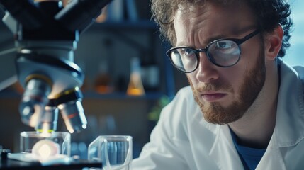 Focused scientist working with microscope. Scientist in lab coat deeply concentrated while using microscope, conducting important research.