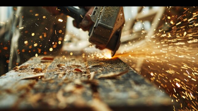 Close-up view of an angle grinder at work, creating sparks as it cuts through metal, with sawdust and debris in the foreground.