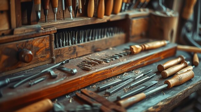 Close-up view of vintage woodworking tools neatly arranged on a wooden workbench in a rustic workshop setting.
