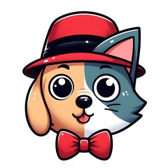 A cartoon of a dog design graphic wearing a hat and bow tie creative.