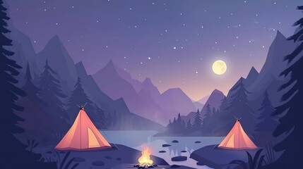 Two tents by a lake with a campfire and a full moon in the mountains