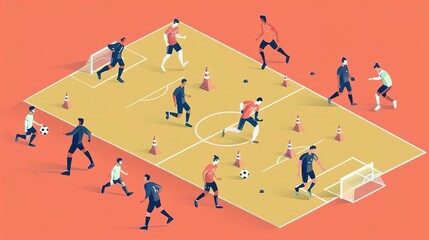 Fototapeta premium Isometric illustration of soccer players training on a field.