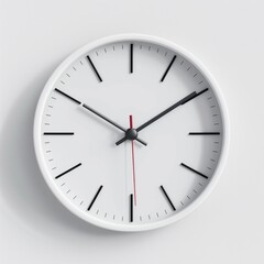 Minimalistic white wall clock with black markers and a red second hand, depicting a specific time on a plain background