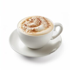 Obraz premium Creamy cappuccino with a sprinkle of cocoa powder in a classic white cup on a saucer, ideal for a coffee break