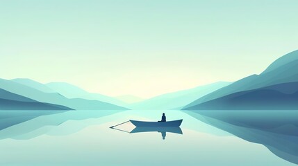 Silhouette of a person in a boat on a calm lake with mountains in the background.