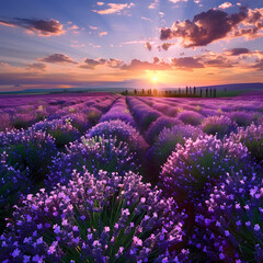Fototapeta premium Lavender Field at Sunset in a Beautiful Summer Landscape