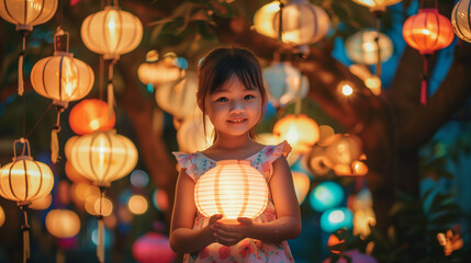 Young Girl Holding a Lantern Surrounded by Glowing Lanterns