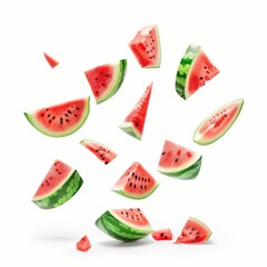 An array of watermelon slices captured in mid-air against a pure white background, depicting a fresh and juicy summery vibe