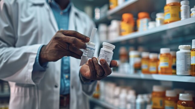 Pharmacist selecting prescription bottles while working in a pharmacy, surrounded by shelves of various medication containers.