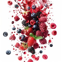 A vivid explosion of assorted berries and juice, showcasing an energetic burst of freshness and flavor on a white background