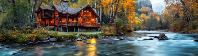 Cozy Wooden Cabin in Autumn Forest by Tranquil River at Sunrise Picturesque Nature Retreat, Warm Lights, Serene Water, Peaceful Countryside, Idyllic Landscape, Scenic Mountain Background