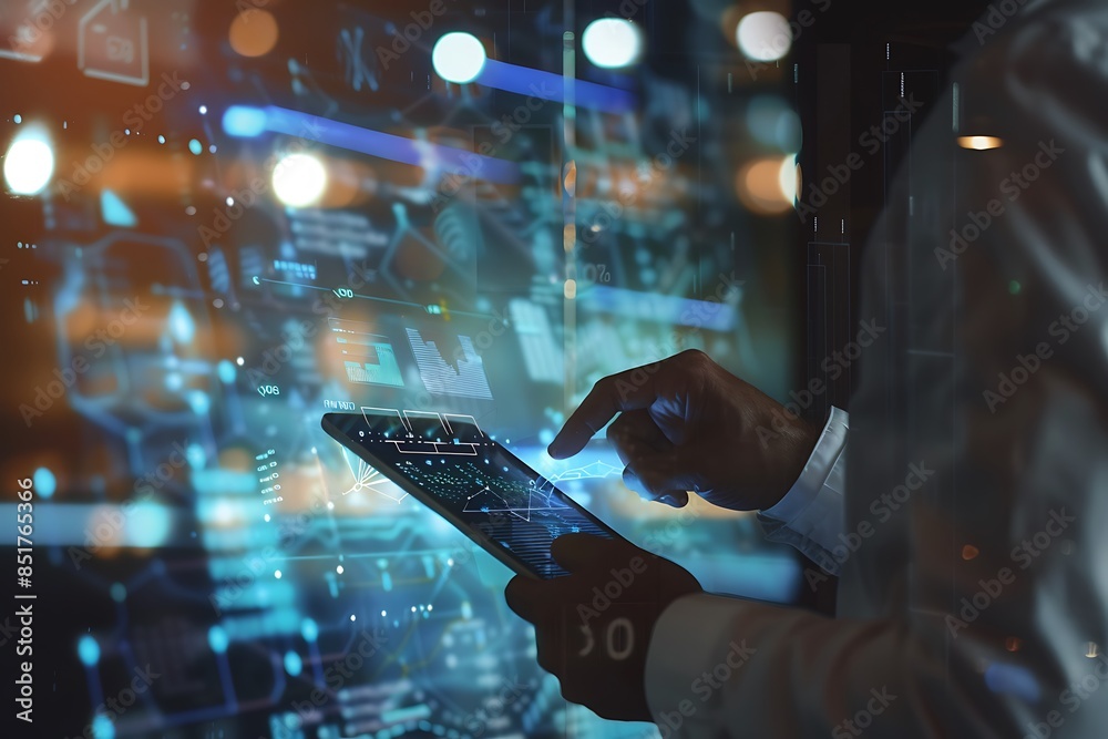 Leinwandbilder A businessman pointing at a compliance icon with a technological business data network in the background, representing regulatory standards
