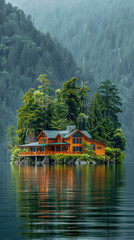 Obraz premium Secluded Cabin on a Misty Island in a Serene Forest Lake with Lush Greenery, Trees, and Mountains in the Background Perfect for Nature Lovers Seeking Tranquility and Scenic Beauty