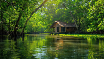 Serene Forest Cabin by Tranquil River with Lush Greenery and Reflections A Peaceful Hideaway in Nature's Embrace with Vibrant Foliage for Relaxation and Nature Enthusiasts