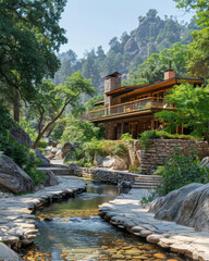 Naklejka premium Serene Forest Retreat with a Scenic Stream, Luxurious Mountain Cabin, Peaceful Natural Landscape, Ideal for Relaxation and Nature Lovers, Outdoor Adventure, Tranquil Escape from City Life