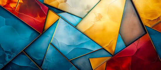 geometric metal chrome texture with empty space in blue, golden yellow, and red background