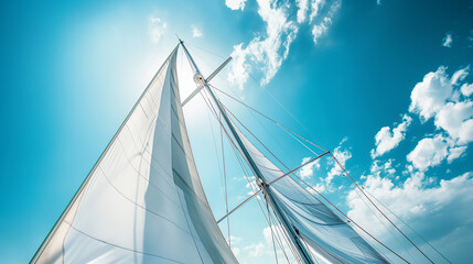 Sailboat mast piercing bright blue sky with white clouds
