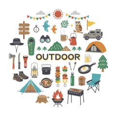 アウトドアとキャンプのアイコンセット