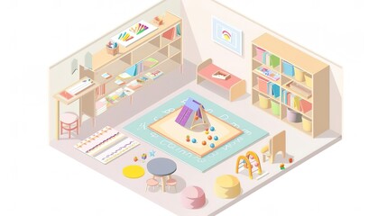 Isometric illustration of a colorful and playful children's playroom.