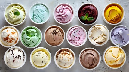 Overhead View of a Colorful Selection of Delicious Ice Cream Flavors in Bowls