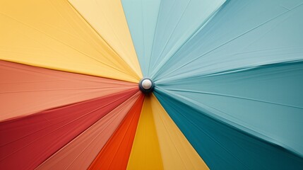 Close-up of colorful umbrella with red, yellow, and blue sections, showcasing vibrant patterns and textures in a radial design.
