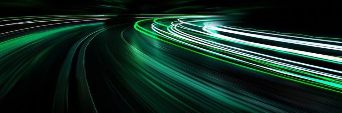 Green light streaks on black background, highway, speed effect, green lines of lights, green light trails, fast moving car lights, and green light streaks on road
