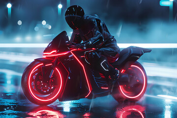 Futuristic motorbike rider rides in night cyberpunk city