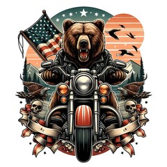 A bear design colours drawing graphic riding a motorcycle design colours drawing graphic eyecatching accessible Illustrative engaging highquality.