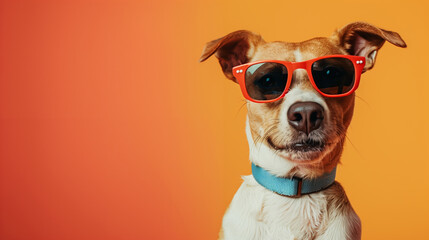 A dog wearing sunglasses and a blue collar is smiling at the camera. The image has a fun and playful mood, as the dog is dressed up in sunglasses and he is enjoying the attention
