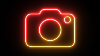Neon and glowing photo camera icon. Glowing sign logo.Luminous signboard camera.