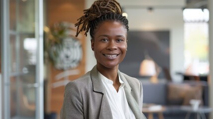 Fototapeta premium Portrait of an empowered HR manager in her office, smiling at the camera with a welcoming gesture