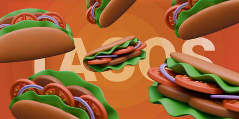 Creative banner for advertising tacos. Realistic elements on colored background