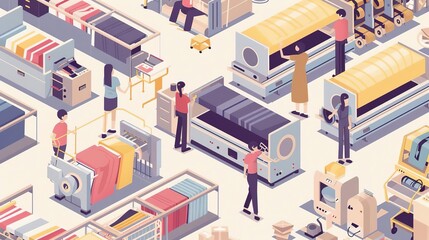 Isometric illustration of a textile factory with workers operating machinery and producing fabric.