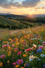 Sunlit meadow, wildflowers in bloom, wideangle shot, vibrant colors, rolling hills, serene landscape