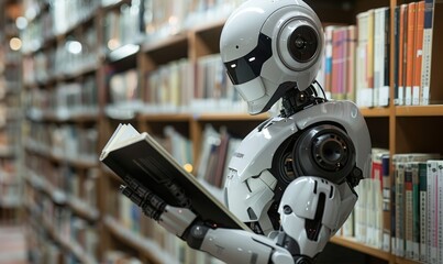 Fototapeta premium ai robot reading book in library