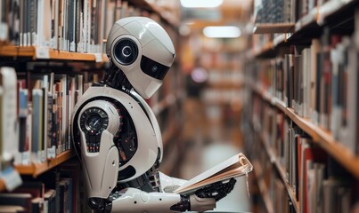 Fototapeta premium ai robot reading book in library