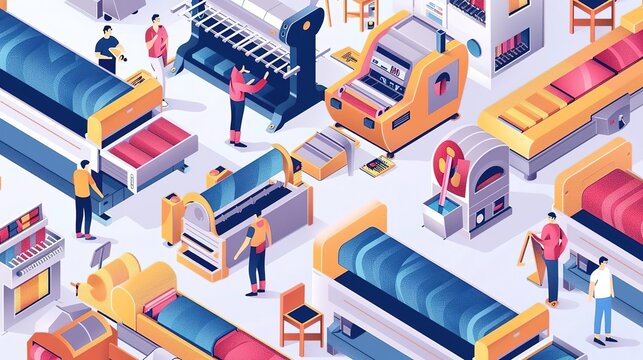 Isometric illustration of a textile factory with workers operating machinery and producing fabric.