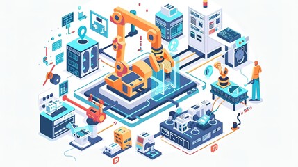 Obraz premium Isometric illustration of an automated factory with robotic arms and machinery.