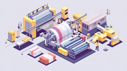 Obraz premium Isometric illustration of a paper production factory with machinery, workers, and finished products.