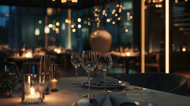 Elegant fine dining restaurant with dim lighting, beautifully set tables, wine glasses, and ambient atmosphere for an intimate dinner.