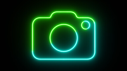 Neon and glowing photo camera icon. Glowing sign logo.Luminous signboard camera.