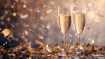 A celebratory toast with champagne glasses and a golden ribbon, perfect for a birthday party