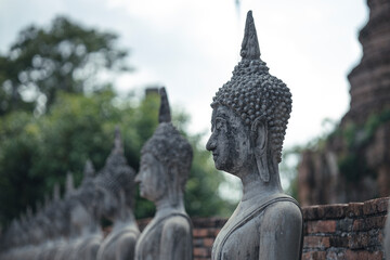 Obraz premium A serene row of ancient Buddha statues in a historic temple, with the foreground statue prominently detailed against a softly focused background. Wat Yai Chai Mongkol Ayutthaya , Thailand 