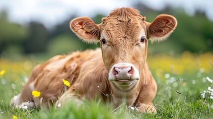 A young brown cow is resting in a green pasture, with its head turned towards the camera and its eyes open
