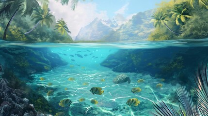 Fototapeta premium Underwater view of tropical lagoon with fish, palm trees, and mountains