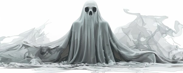 A ghost clipart, Halloween character, 3D realistic illustration, translucent white, isolated on white background