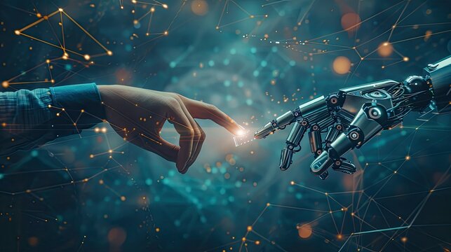 Futuristic background with human and robot hands meeting, highlighting AI integration